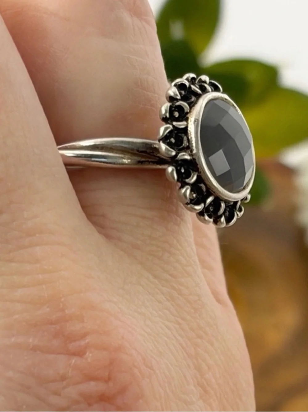 Pandora Sterling Silver 925 Grey Moonstone Flower Ring Size 7.25 7.5 or so